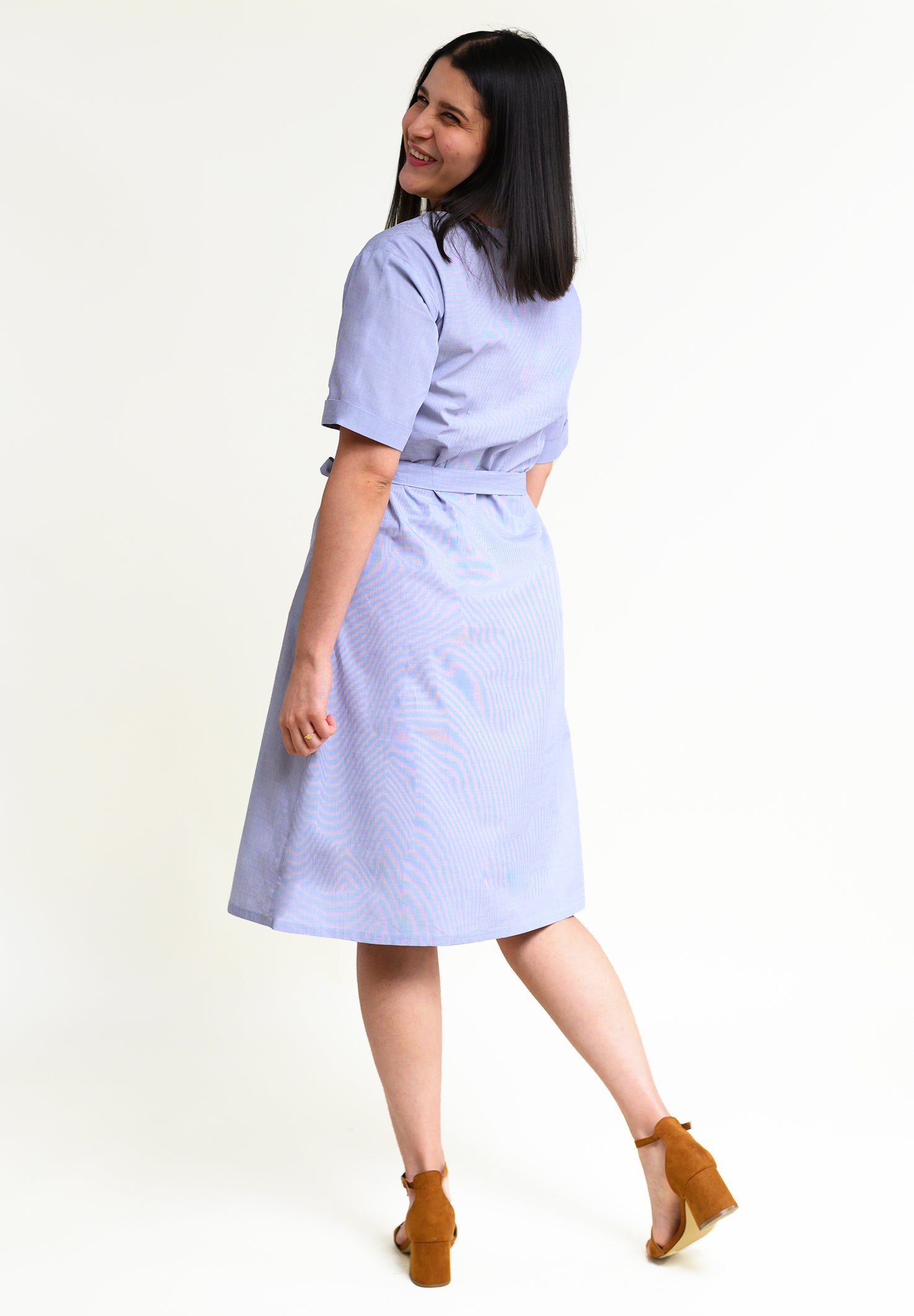 Knee-length summer dress with sleeves Ed-daa in light blue made of 100% organic cotton 