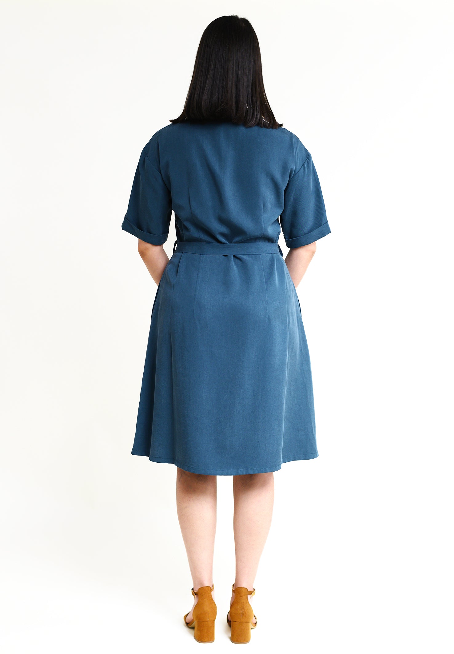 Knee-length summer dress with sleeves Ed-daa in petrol made from 100% Tencel 