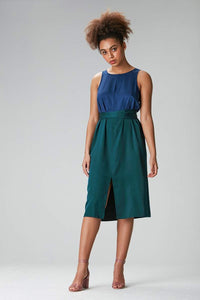Midi-langes blaues und grünes Tencel Kleid