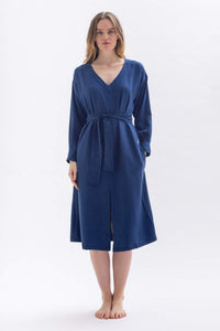 Blaues V-Ausschnitt Kleid mit langen Ärmeln aus Tencel