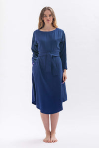 Blaues Midi-langes Kleid mit langen Ärmeln aus Tencel