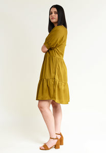 Knee-length summer dress with flounces "MEE-TA" in olive made from 100% Tencel 