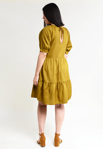 Knee-length summer dress with flounces "MEE-TA" in olive made from 100% Tencel 