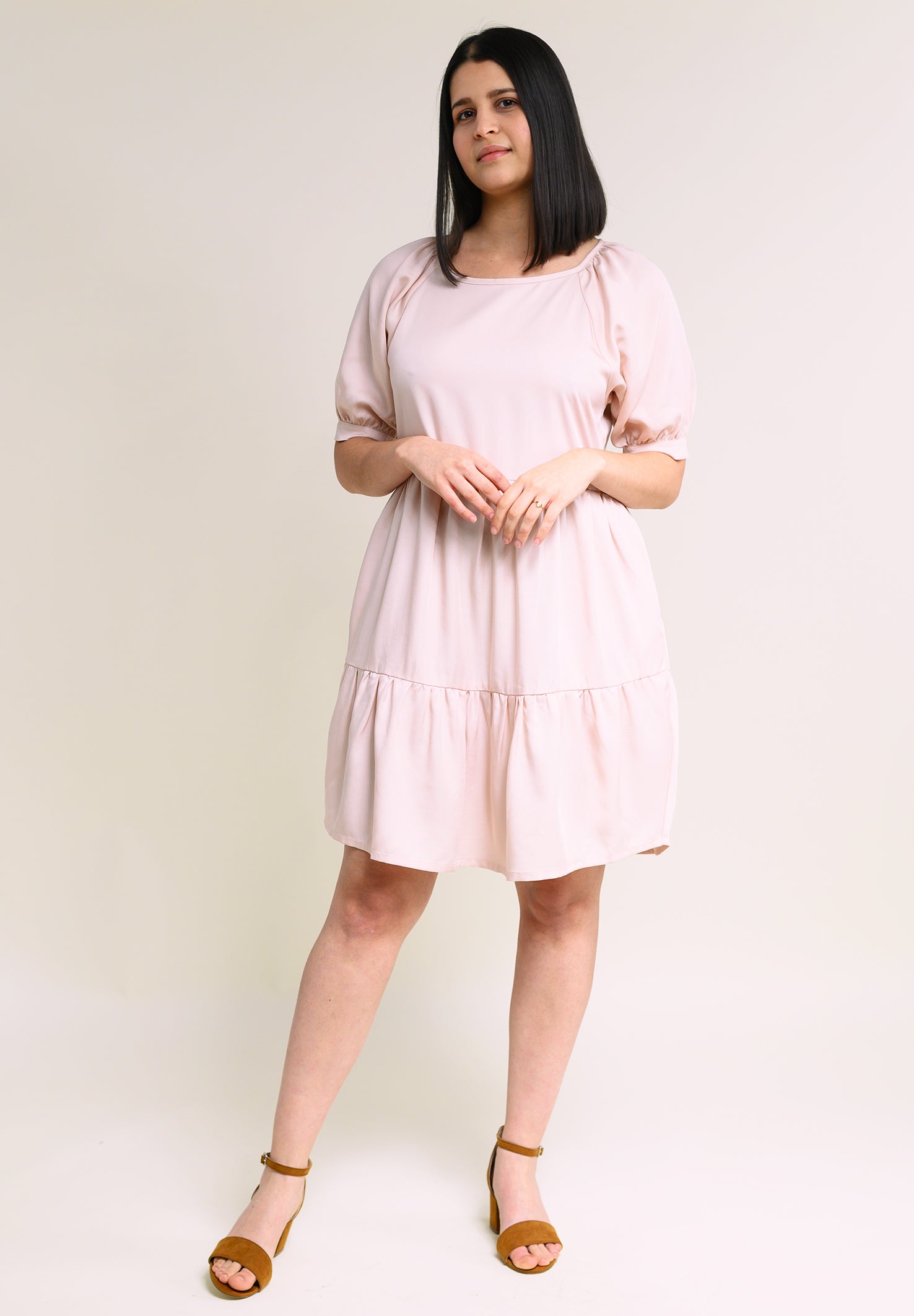 Knee-length summer dress with flounces "MEE-TA" in soft pink made from 100% Tencel 