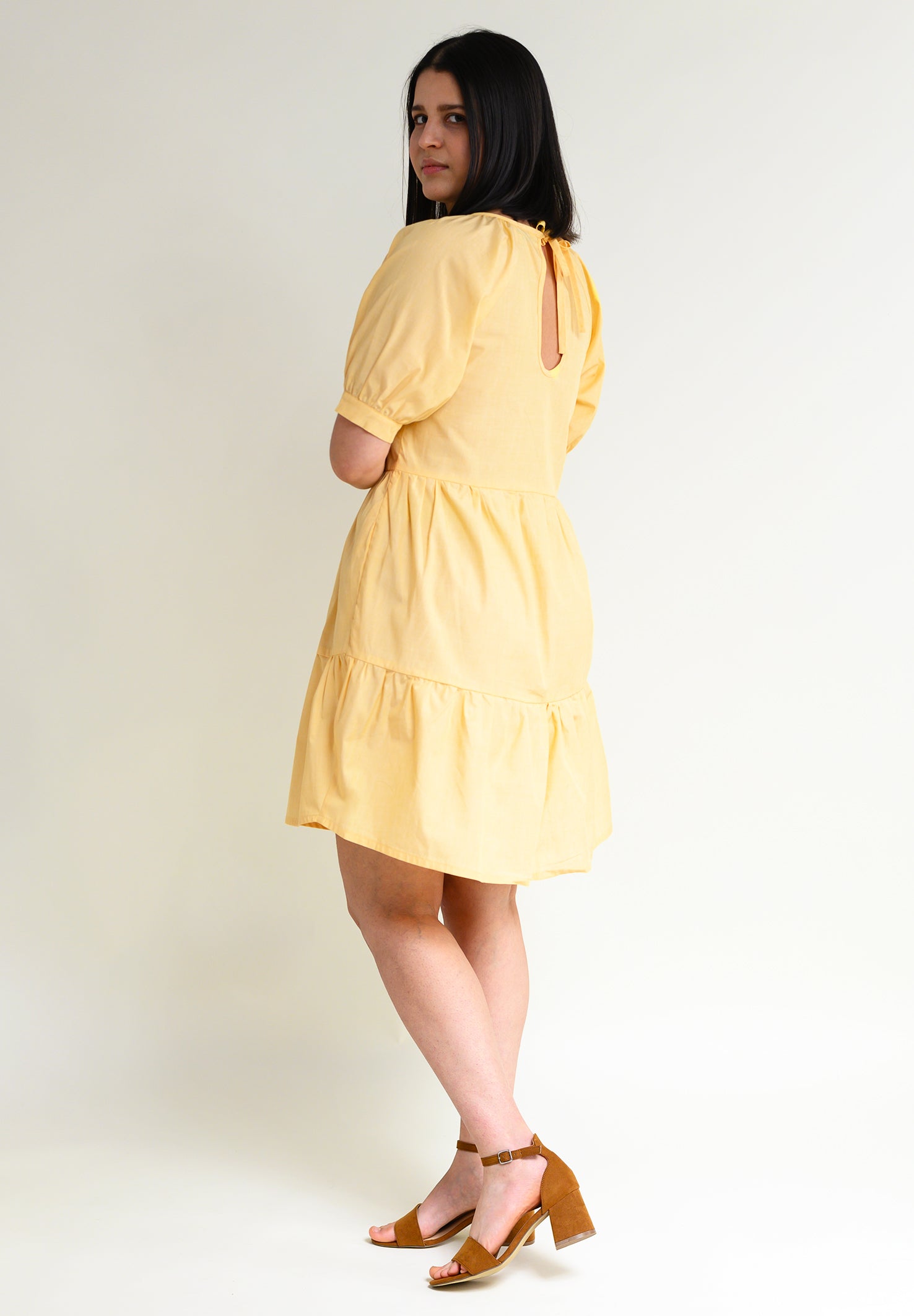 Knee-length summer dress with flounces "MEE-TA" in pale yellow made of 100% organic cotton 