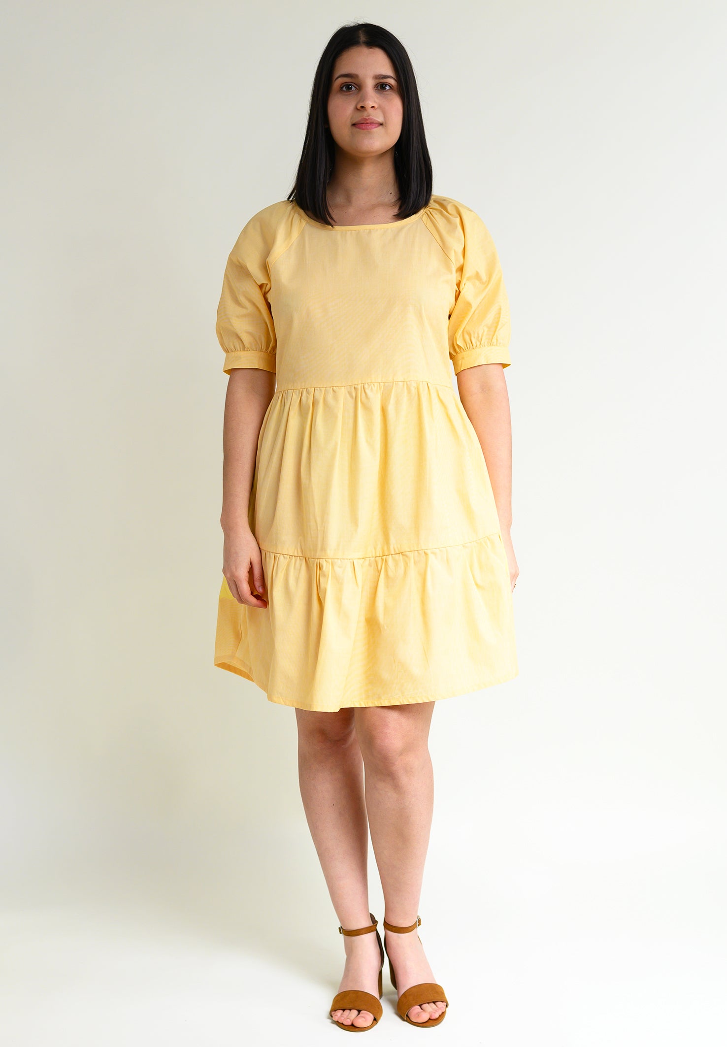 Knee-length summer dress with flounces "MEE-TA" in pale yellow made of 100% organic cotton 