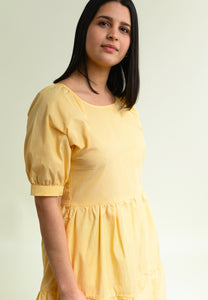 Knee-length summer dress with flounces "MEE-TA" in pale yellow made of 100% organic cotton 