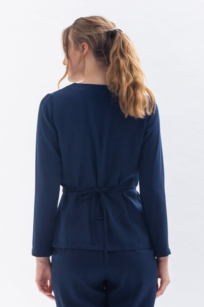 Wrap blouse "WAAN-JA" in blue made of Tencel