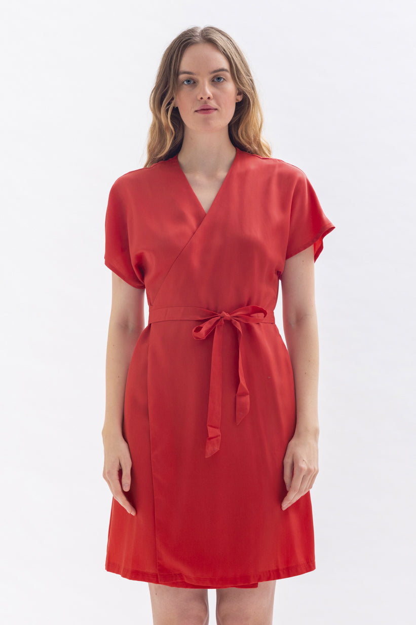 Wrap dress "CAAR-MEN" in red made of Tencel