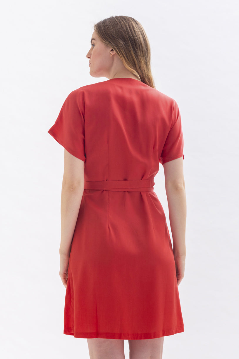 Wrap dress "CAAR-MEN" in red made of Tencel